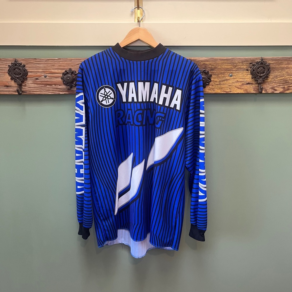 Vintage Yamaha Racing Jersey Blue Black Striped Long Sleeve Motocross XL